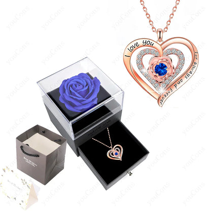 Pink Heart Pendant Necklaces With Rose Gift Box