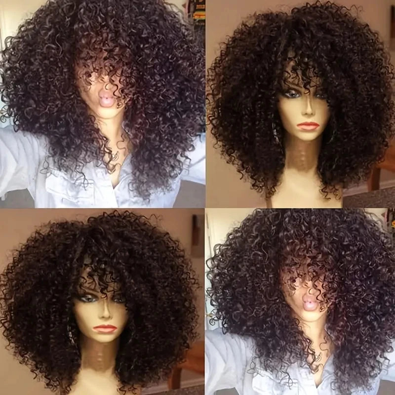 Afro Kinky Curly Hair Wigs With Bangs Synthetic Fiber