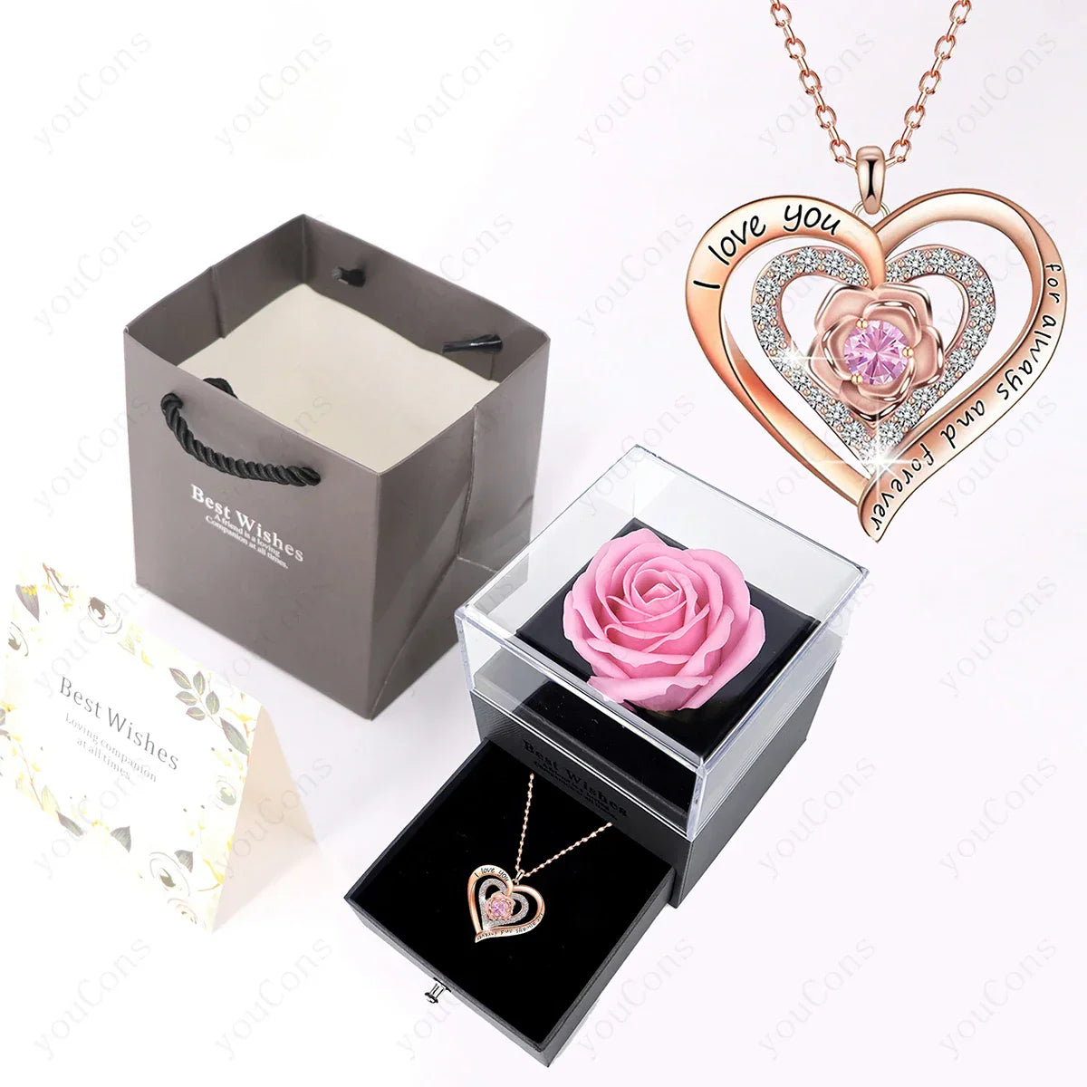 Pink Heart Pendant Necklaces With Rose Gift Box