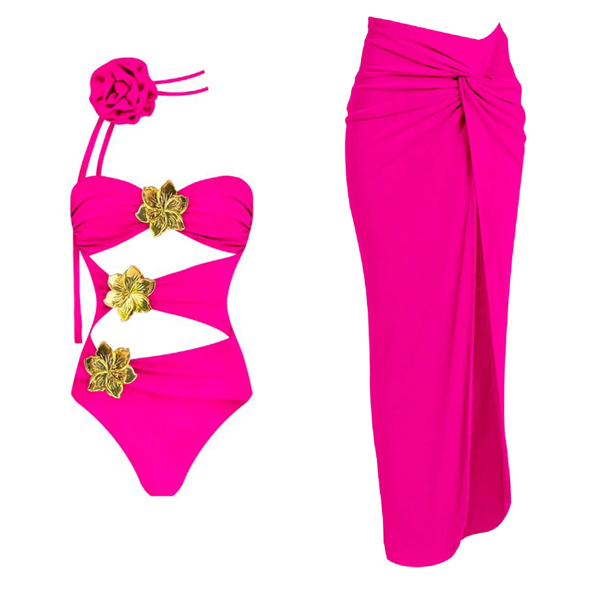 Cutout One-Piece Swimsuit with Matching Sarong Skirt