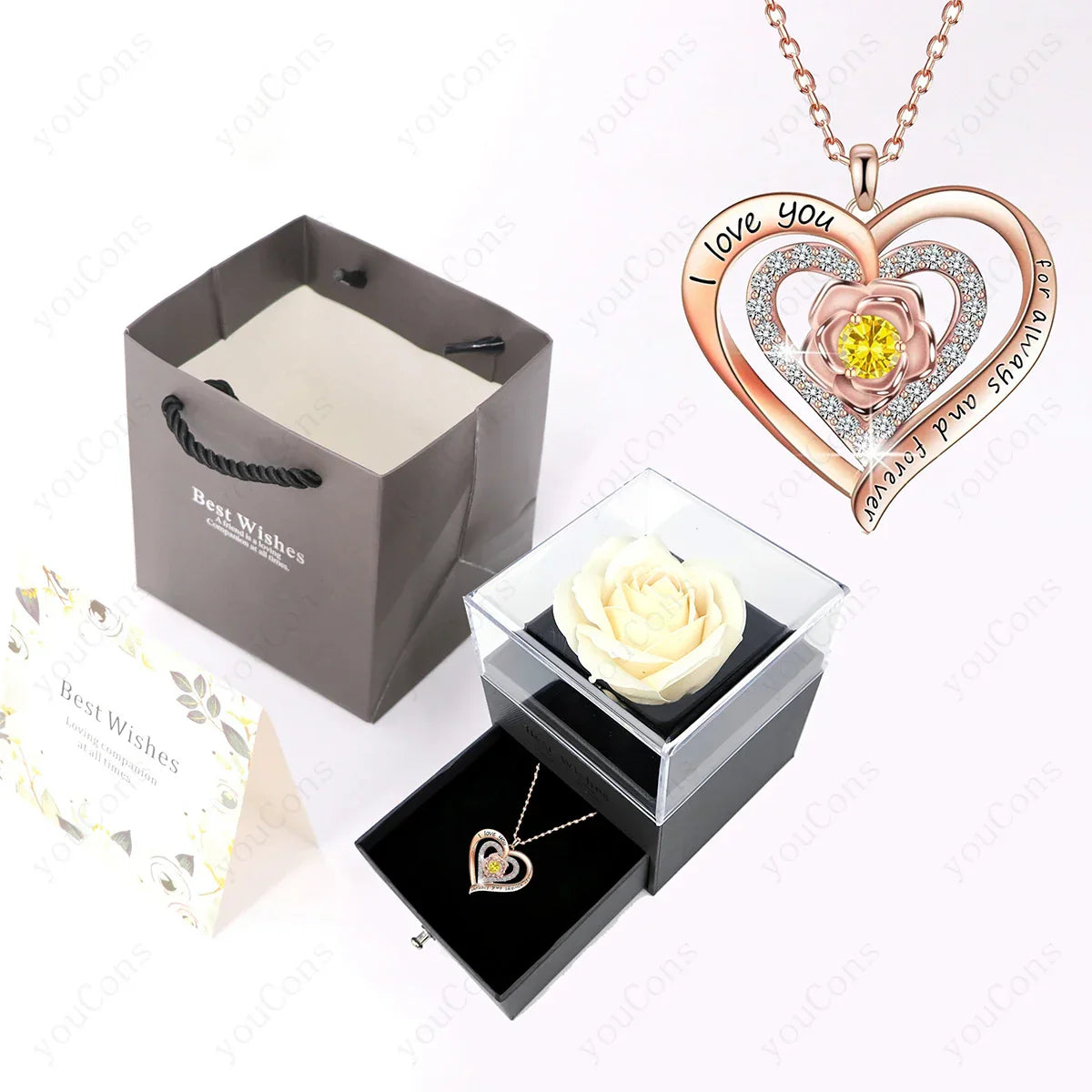 Pink Heart Pendant Necklaces With Rose Gift Box