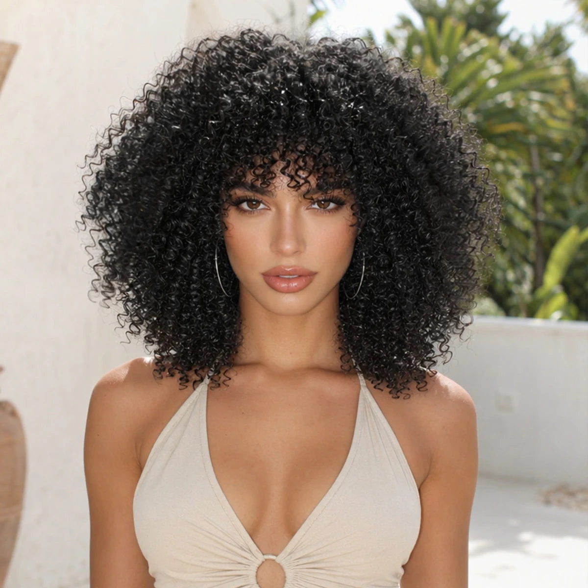 Afro Kinky Curly Hair Wigs With Bangs Synthetic Fiber