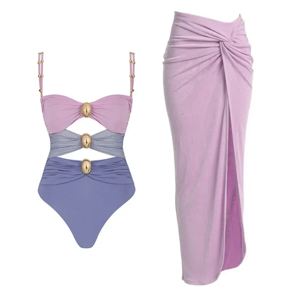 Cut Out One Piece Swimsuit with Skirt