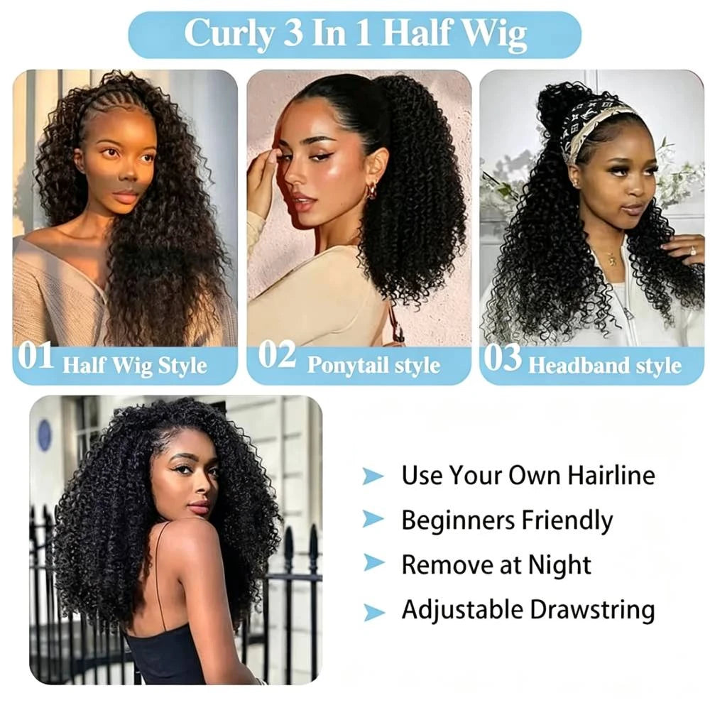 Half Wig Headband Curly 32 Inches Human Hair