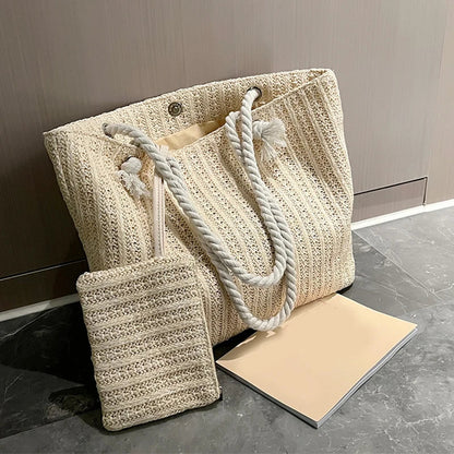 Large woven straw tote in Dark Khaki