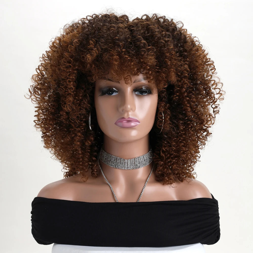 Afro Kinky Curly Hair Wigs With Bangs Synthetic Fiber