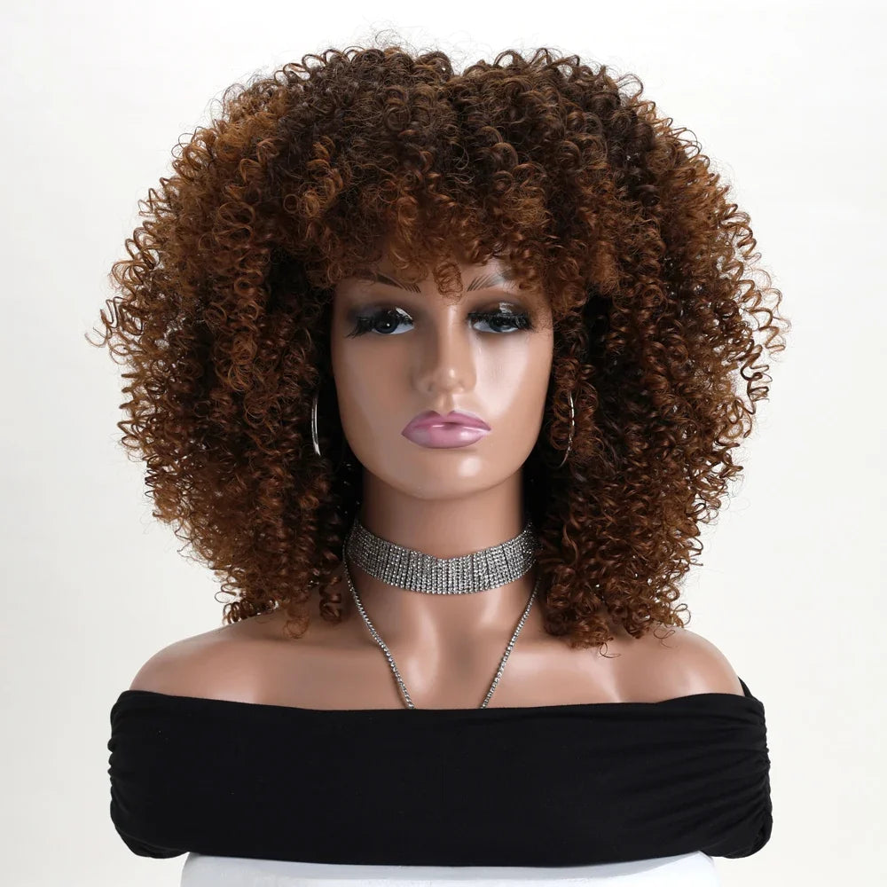 Afro Kinky Curly Hair Wigs With Bangs Synthetic Fiber