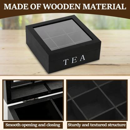 Wood Tea Bag Storage Box with Clear Lid 9 Compartments