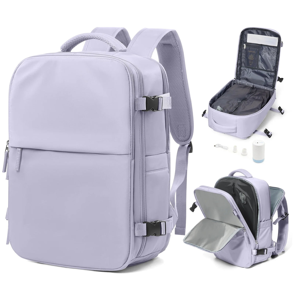 Vacuum compression backpack in purple with pump