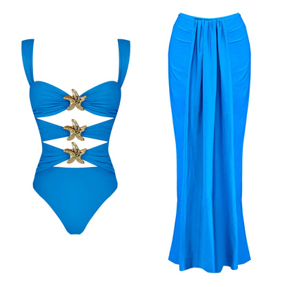 Cutout One-Piece Swimsuit with Matching Sarong Skirt