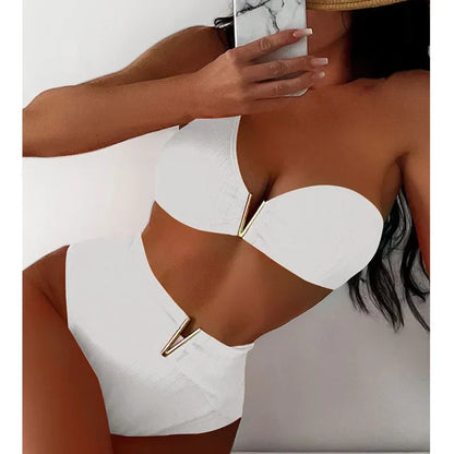 Bandeau bikini with gold V detail, view 4