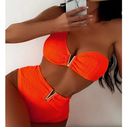 Bandeau bikini with gold V detail, view 3