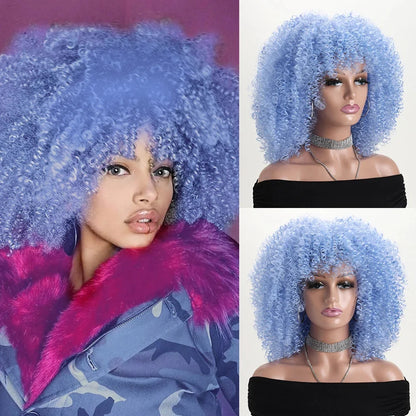 Afro Kinky Curly Hair Wigs With Bangs Synthetic Fiber