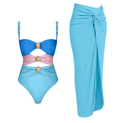 Cutout one-piece swimsuit with matching sarong skirt