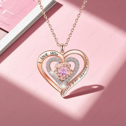 Pink Heart Pendant Necklaces With Rose Gift Box