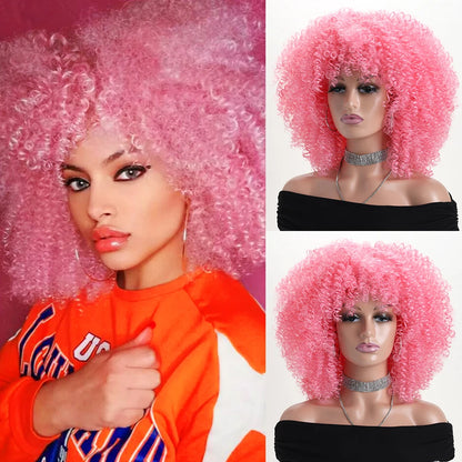 Afro Kinky Curly Hair Wigs With Bangs Synthetic Fiber