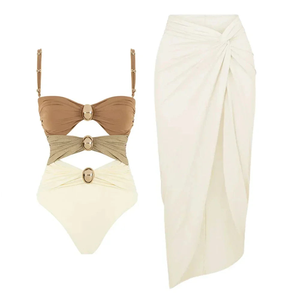 Cut Out One Piece Swimsuit with Skirt