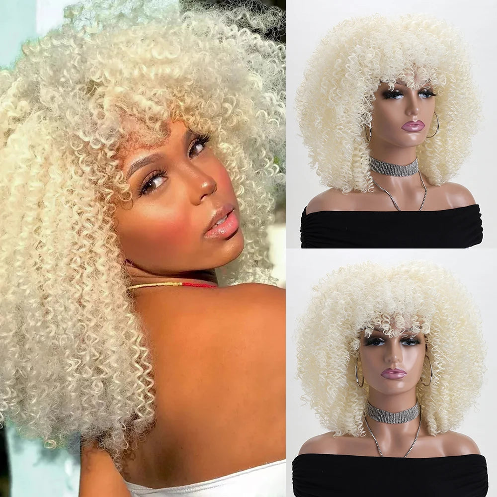 Afro Kinky Curly Hair Wigs With Bangs Synthetic Fiber