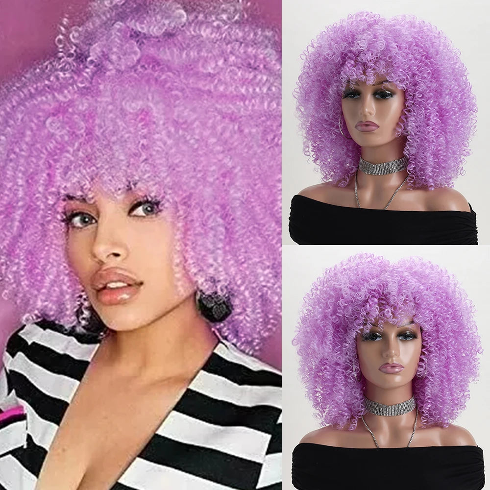 Afro Kinky Curly Hair Wigs With Bangs Synthetic Fiber