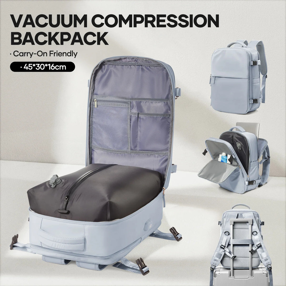 Vacuum compression backpack in blue with pump