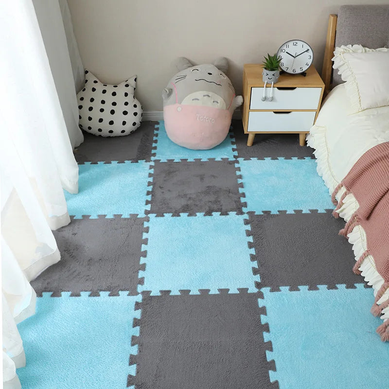 Plush foam play mat tiles in gray-blue