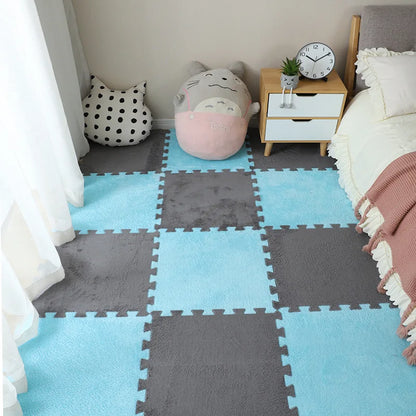 Plush foam play mat tiles in gray-blue