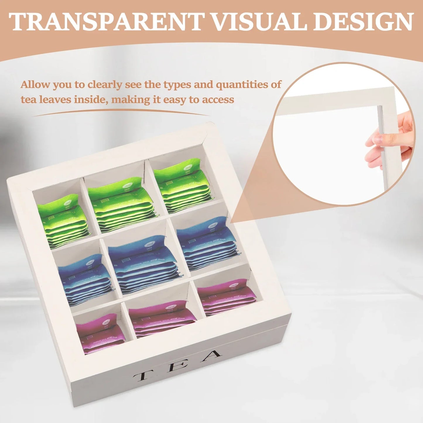 Wood Tea Bag Storage Box with Clear Lid 9 Compartments