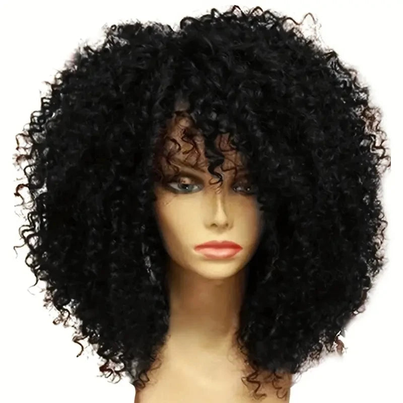 Afro Kinky Curly Hair Wigs With Bangs Synthetic Fiber