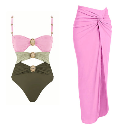 Cutout One-Piece Swimsuit with Matching Sarong Skirt