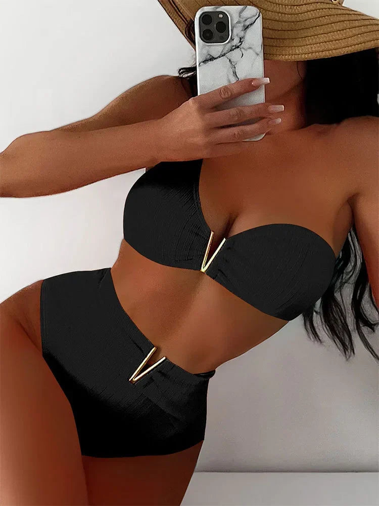 Bandeau bikini with gold V detail, view 6