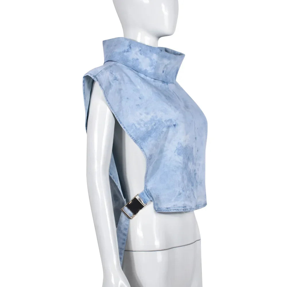 Denim Strapless Jacket Stand Collar Crop Top for Women
