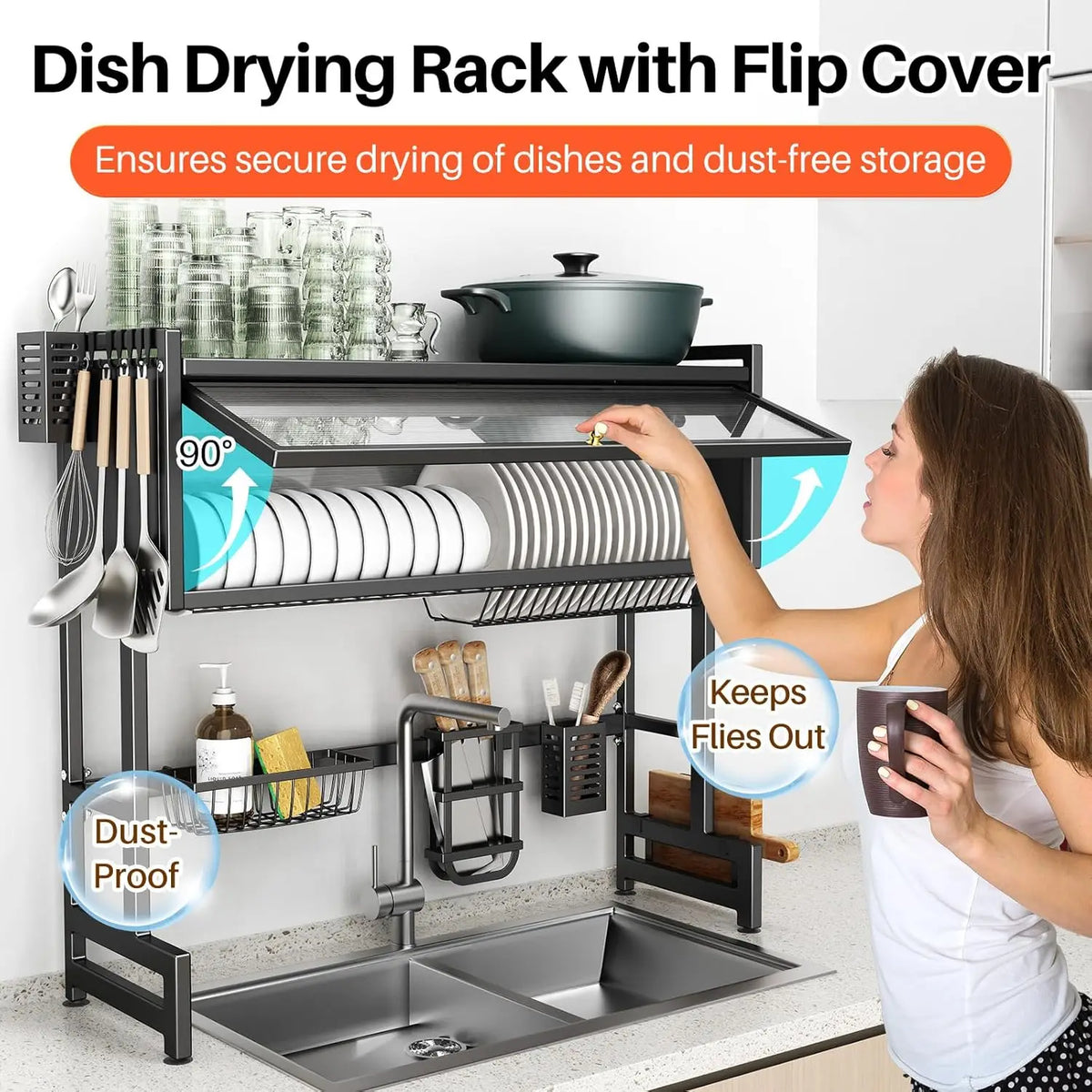Space-saving 2-tier over-sink dish rack with cover