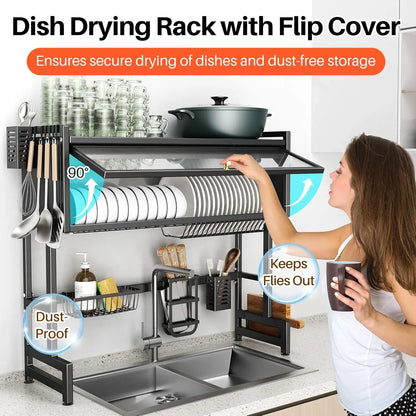 Space-saving 2-tier over-sink dish rack with cover