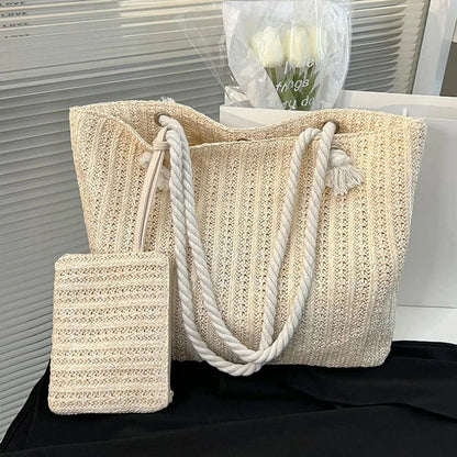 Large woven straw tote with rope handles for beach days