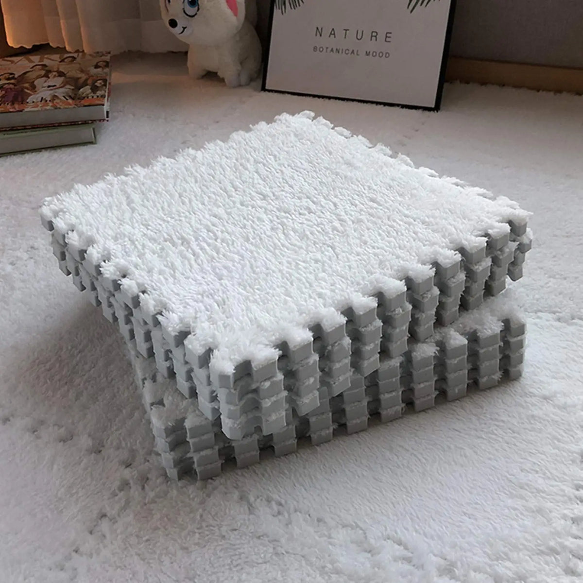 Plush foam play mat tiles in white