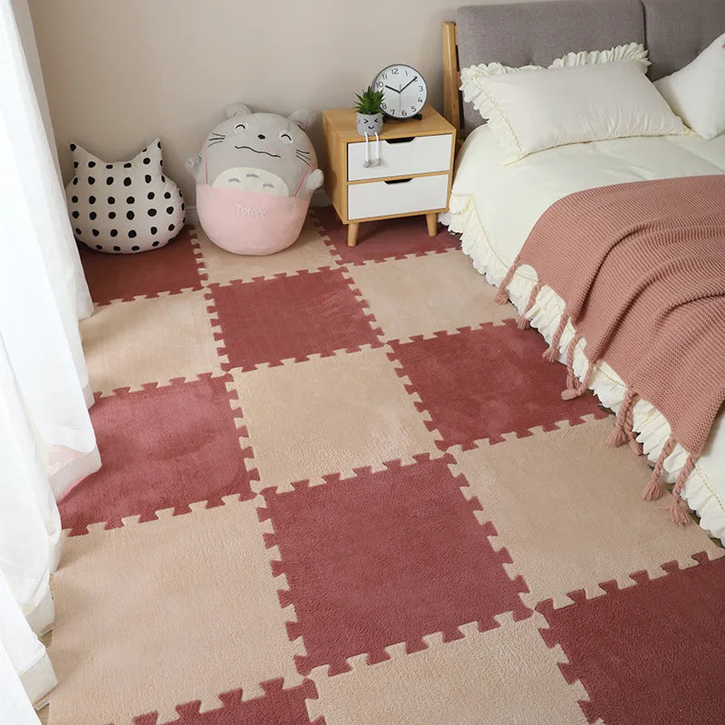 Plush foam play mat tiles in khaki and west red