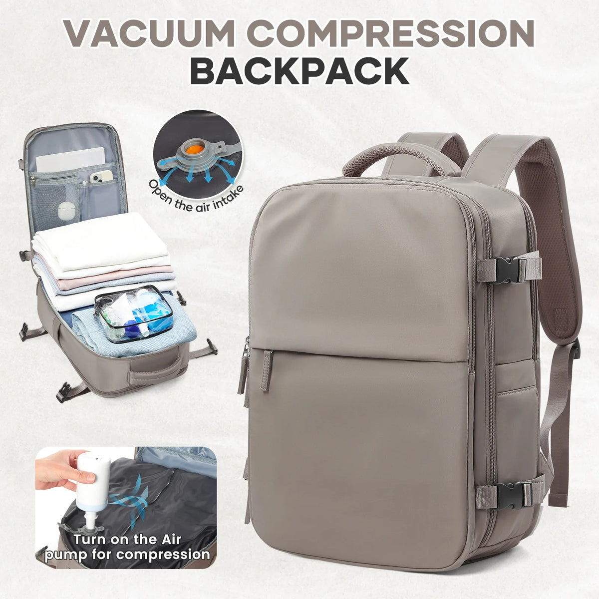 Vacuum compression backpack in brown with pump