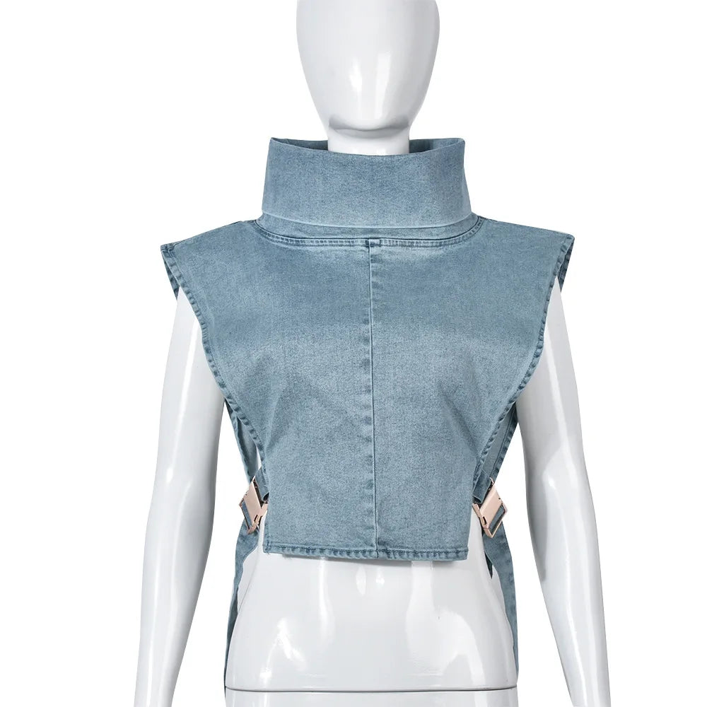 Denim Strapless Jacket Stand Collar Crop Top for Women