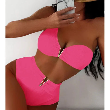 Bandeau bikini with gold V detail, view 2