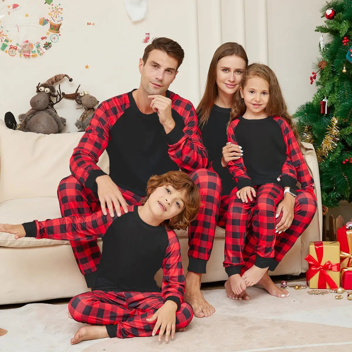 solid color plaid family home wear sets