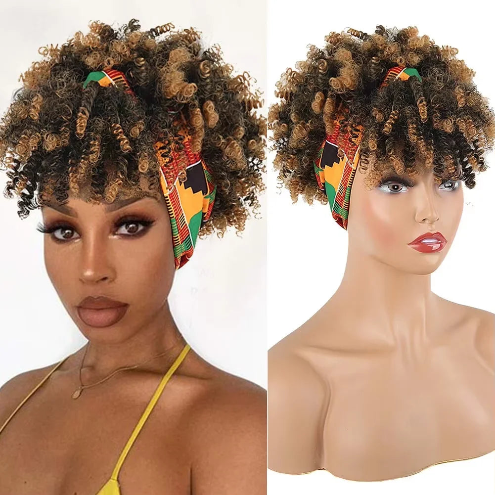 Black women's curly hair wig with headscarf