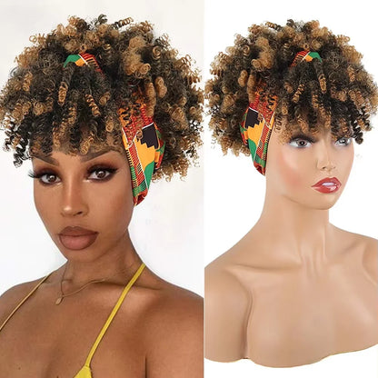 Black women's curly hair wig with headscarf