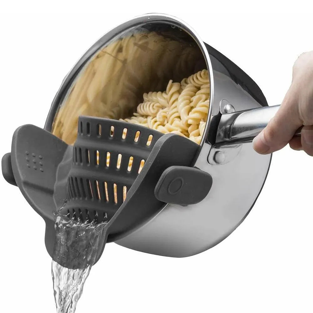 Heat-resistant silicone clip-on colander for pots and bowls