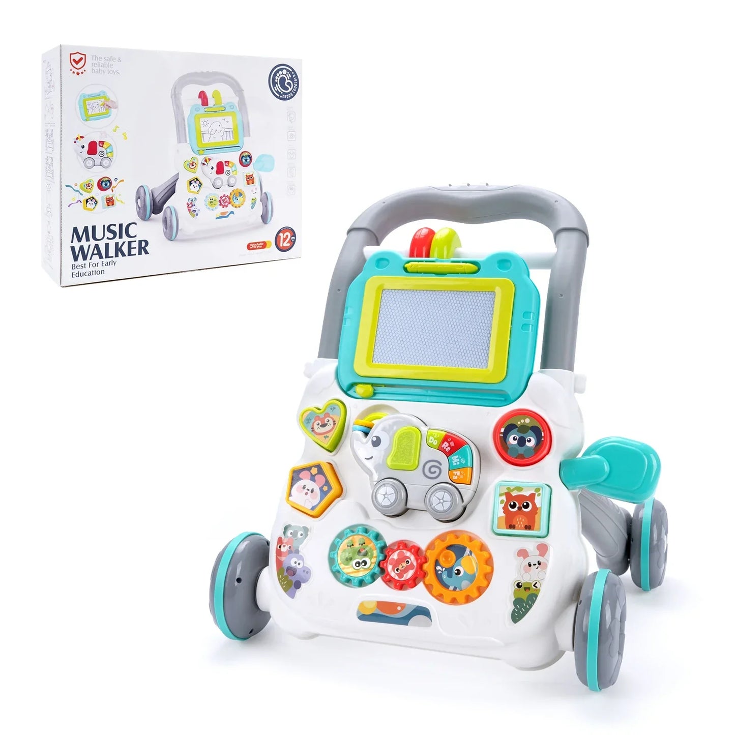 Cartoon Baby Push Walker Toy with Drawing Board Music