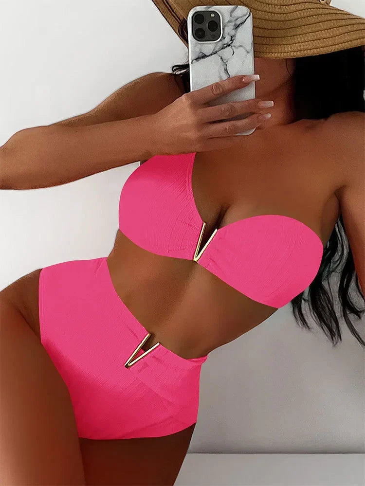 Bandeau bikini with gold V detail, view 7