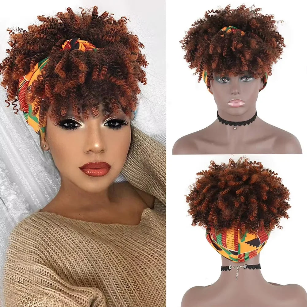 Black women's curly hair wig with headscarf