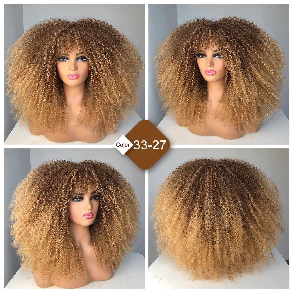 Curly Wig With Bangs Afro  Synthetic Fiber 