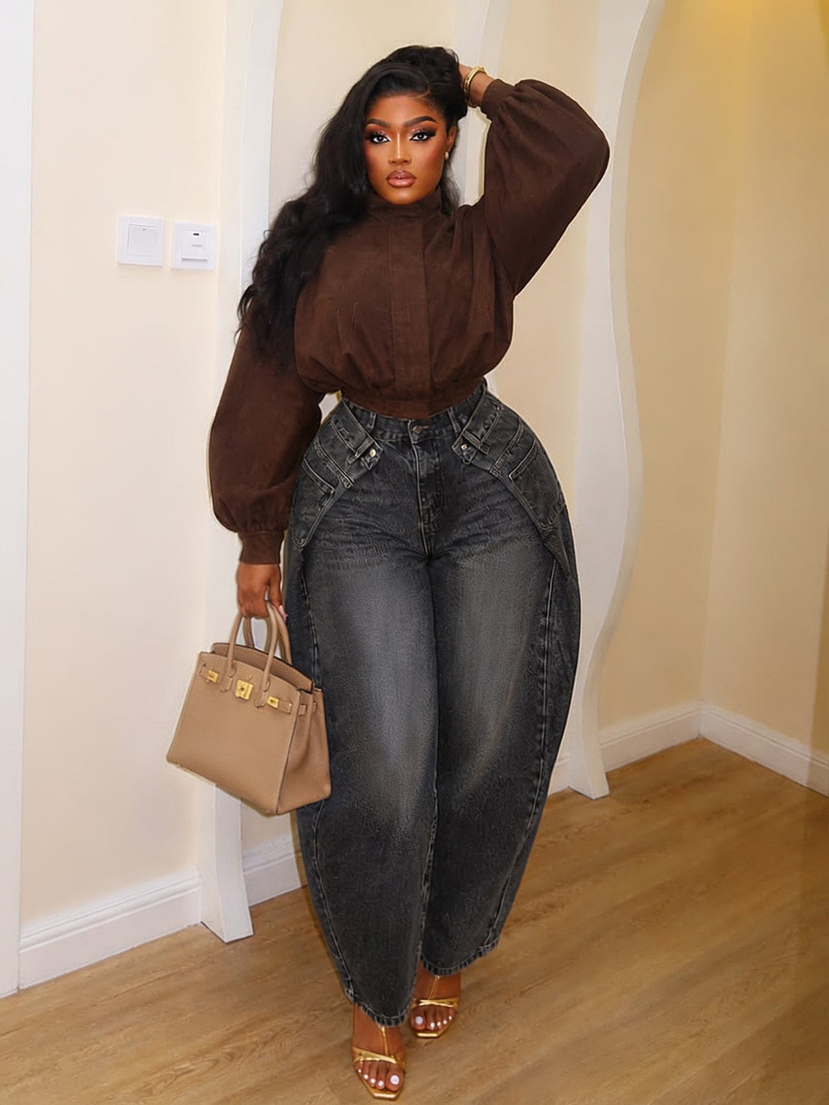Arc-shaped wide-leg jeans, size L