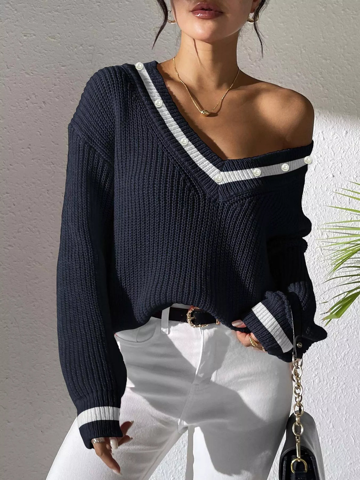 Pearl-trim V-neck sweater, view 6
