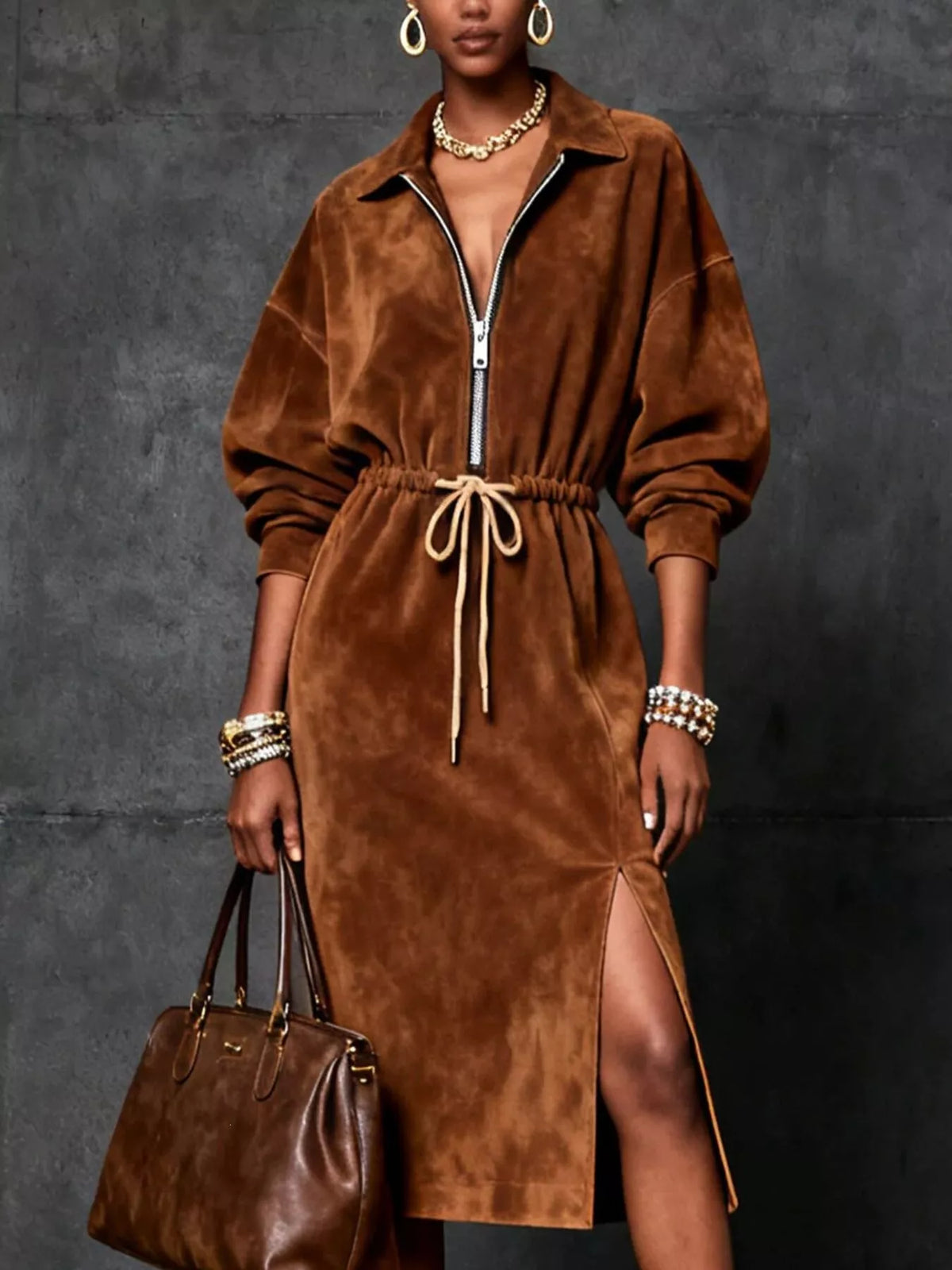 Zip-front drawstring midi dress with slit in brown or black
